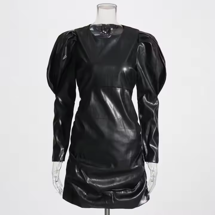 Vestido De Cuero Para Mujer Cuello Redondo Manga Escocesa Cintura Alta Mini Zipper Temperamento Vestido Moda Otoño Para Mujeres - 1