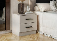 Mesita de 2 cajones beige con tiradores negros. Diseño recto y elegante apropiado para cualquier tipo de decoración ya sea como cajonera auxiliar o como mesita en un dormitorio - details 1