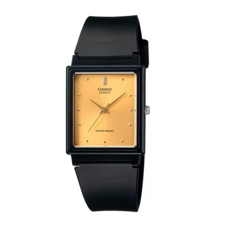 Reloj Casio MQ-38-9A para caballero correa negra de caucho esfera dorada caja cuadrada MQ389A - 1