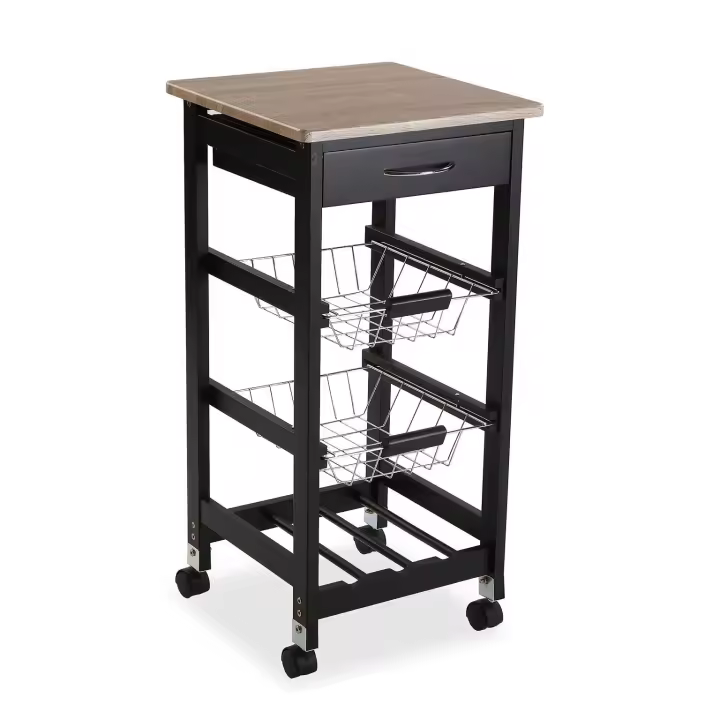 Versa Kumara Carro de cocina con ruedas, cajones y botellero, Verdulero con despensa y organizadores, con cajón, Medidas (Al x L x An) 76 x 37 x 37 cm, Madera, Color Negro y marrón - 1