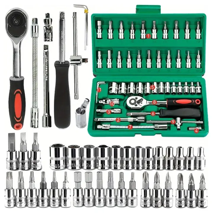 Juego De 46 Piezas De Llaves Y Destornilladores De 1/4 Pulgada Con Juego De Soquetes Metréricos Y Barra De Extensión Para Reparación De Automóviles EQZ - 1