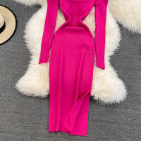 Vestido REALEFT De Mujer Otoño Invierno Con Cuello Cuadrado Manga Larga Y Acolchado De Puff Trasero Lateral Split Midi Casual - details 16