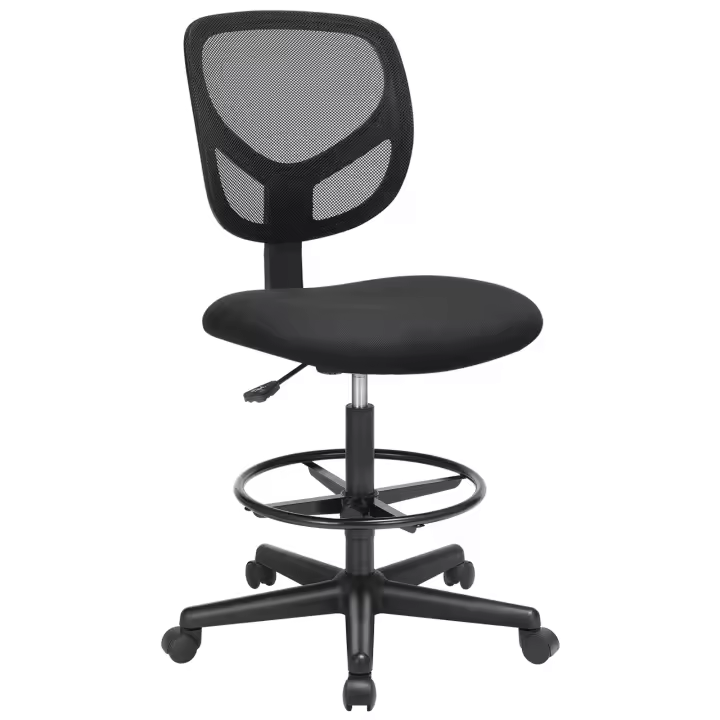 SONGMICS Silla de Malla Giratoria, Altura y Reposapiés Regulables, Silla de Dibujo Ergonómica, Silla de Oficina sin Reposabrazos, Asiento de Tela, Carga máxima de 120 kg, Negro - 1
