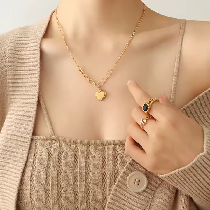 Collar de cadena con colgante de corazón Vintage para mujer, cadena de suéter de Color, joyería para mujer collar con colgante de corazón para mujer, cadena fina de acero inoxidable 316L, Color dorado, joyería para el cuello para niñas, regalos de moda - 1