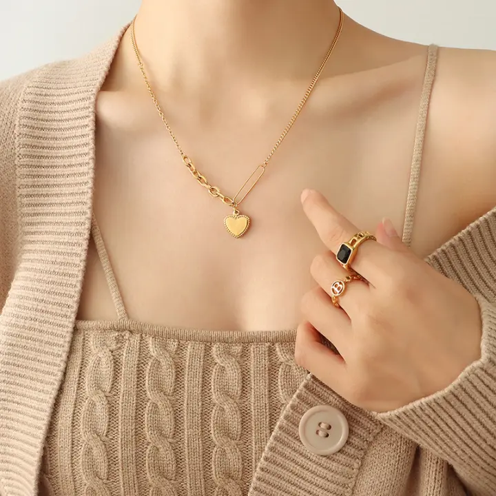 Collar de cadena con colgante de corazón Vintage para mujer, cadena de suéter de Color, joyería para mujer collar con colgante de corazón para mujer, cadena fina de acero inoxidable 316L, Color dorado, joyería para el cuello para niñas, regalos de moda - 1
