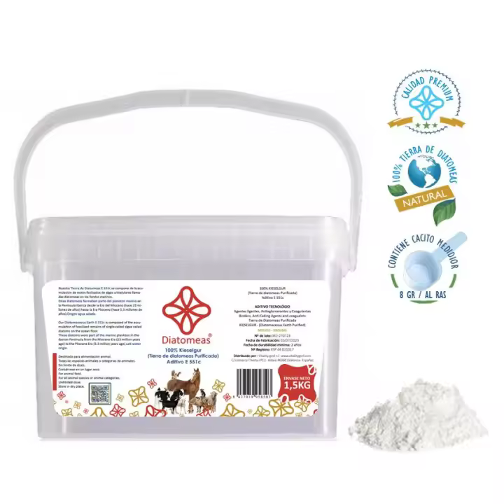 Diatomeas® - Tierra de Diatomeas Molida 1,5kg, 100% natural, ecológica y de alta pureza, Grado alimenticio animal E551C - 1