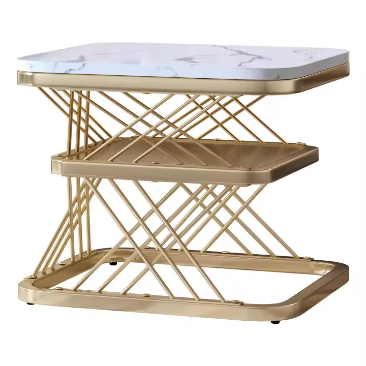 Set de 2 Mesas de Centro Nido Cuadradas, 60/45 cm, Tablero Blanco Efecto Mármol, Estructura Metálica Dorada con Soporte Cruzado, Mesas Auxiliares Modernas para Salón - 1