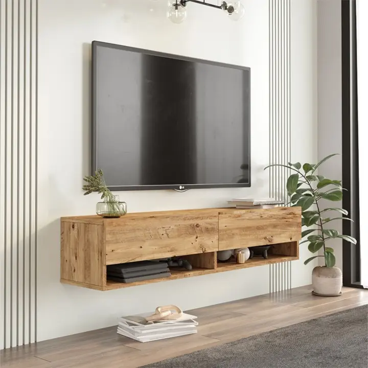Meyvaser.com Ecommerce Company Mueble TV de Pared Color Roble 140x31.6x29.6 cm - 2 Puertas y Estantes - Estilo Moderno y Funcional. - 1