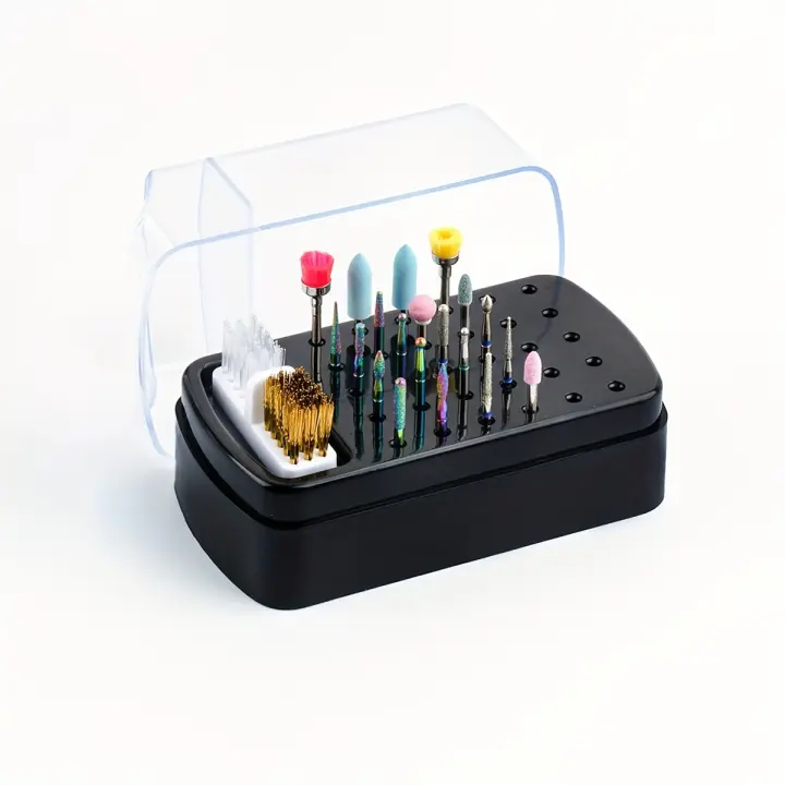 Caja De Almacenamiento Para Cabeza De Pulido De 30 Agujeros Con Cepillo De Limpieza Herramientas De Cerámica Y Acero Tungsteno Anti-Polvo Para Uñas - 1