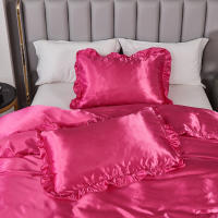 Set De Edredón Satinado 3PCS Rosa Y Rosa Claro Seda Suave Con Volante Patrón De Lujo Colchón Funda De Edredón Moderno Para Cama - details 5