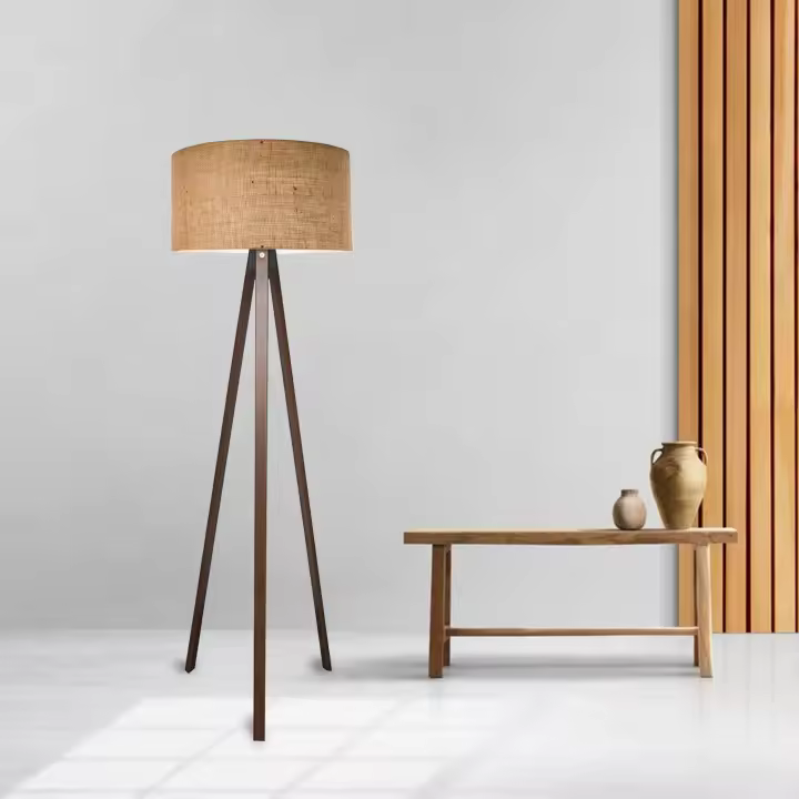 Lámpara de pie Trípode Newport 1xE27 20 W MDF Textil 21 x Ø 38 cm - Marrón / Efecto madera [lux.pro] - 1