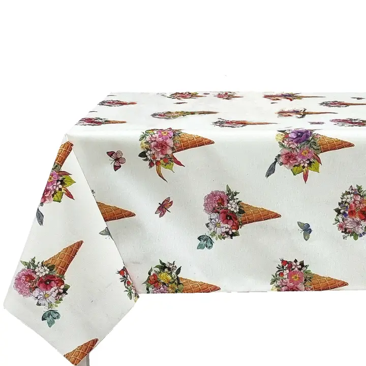 Mantel antimancha digital, Mantel lavable, Impermeable, Tela algodón, Para mesa rectangular, Ideal para hogar, Estilo moderno, Frutas, Helado, Flores, Fondo blanca marfil,Ancho 137cm, DM157 - 1