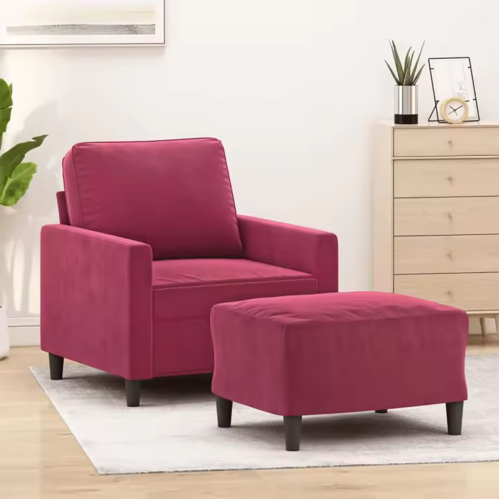 vidaXL Sillón con taburete terciopelo rojo tinto 60 cm - 1