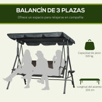 Outsunny Columpio de Jardín de 3 Plazas Banco Balancín para Exterior con Toldo Ajustable Asiento de Ratán 2 Portavasos 2 Bandejas y Marco de Acero para Terraza Patio 204x112x150 cm Gris - details 3