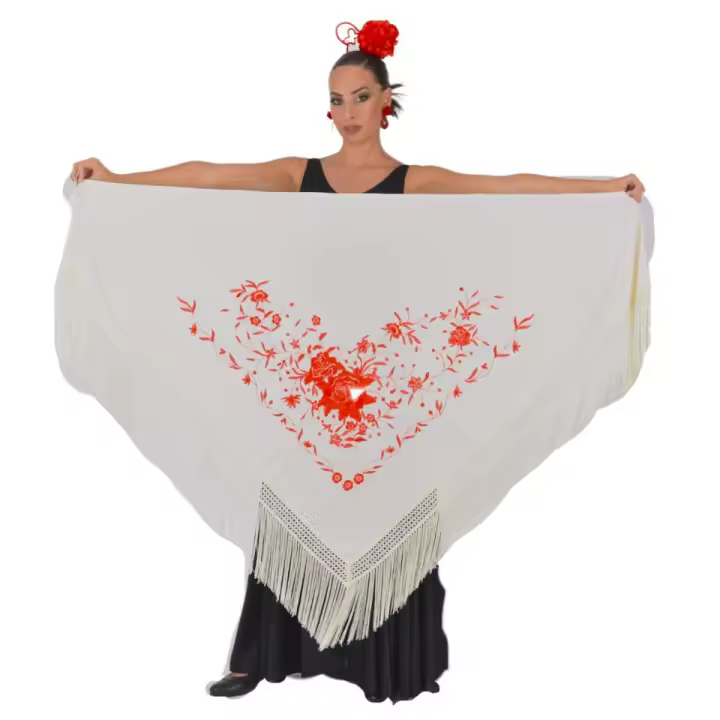 Mantón flamenco grande blanco bordado rojo anuka - 1