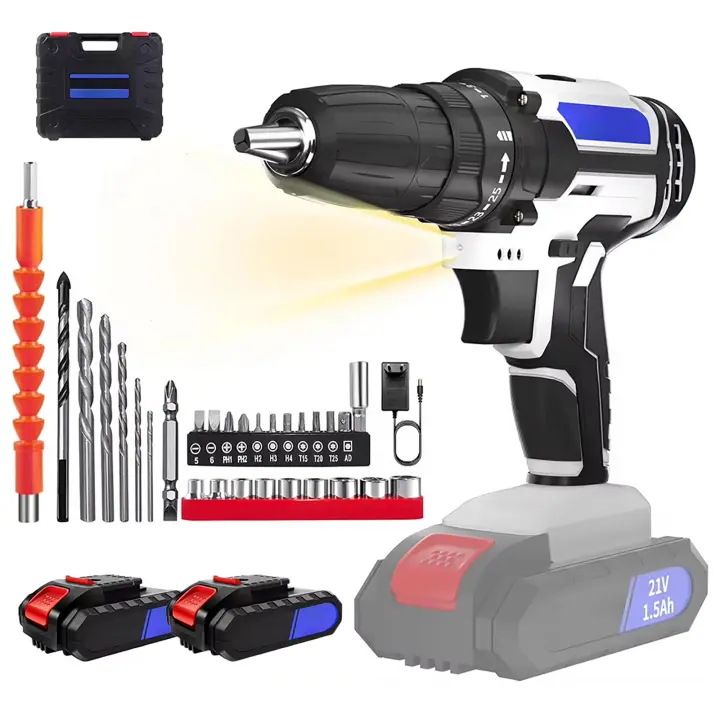Taladro atornillador inalámbrico 21V 45Nm alto par máximo 2 velocidades 0-1400RPM broca metal 10mm madera 23mm portabrocas sin llave LED luz maletín almacenamiento ergonómico herramienta eléctrica profesional para bricolaje - 1