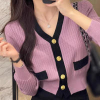 Chaqueta De Punto Para Mujer Otoño Invierno Estilo Suave V-Neck Colores Contrastantes Casual Cierre Único Tops Todoterreno - details 2