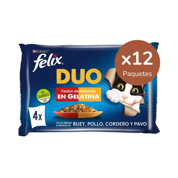 FELIX - Duo Gelatina (48x85 gr) - Comida Húmeda Festín de Sabores (Buey y Aves, Pollo y Riñón, Cordero y Buey, Pavo e Hígado) (12x4x85 gr) - 1