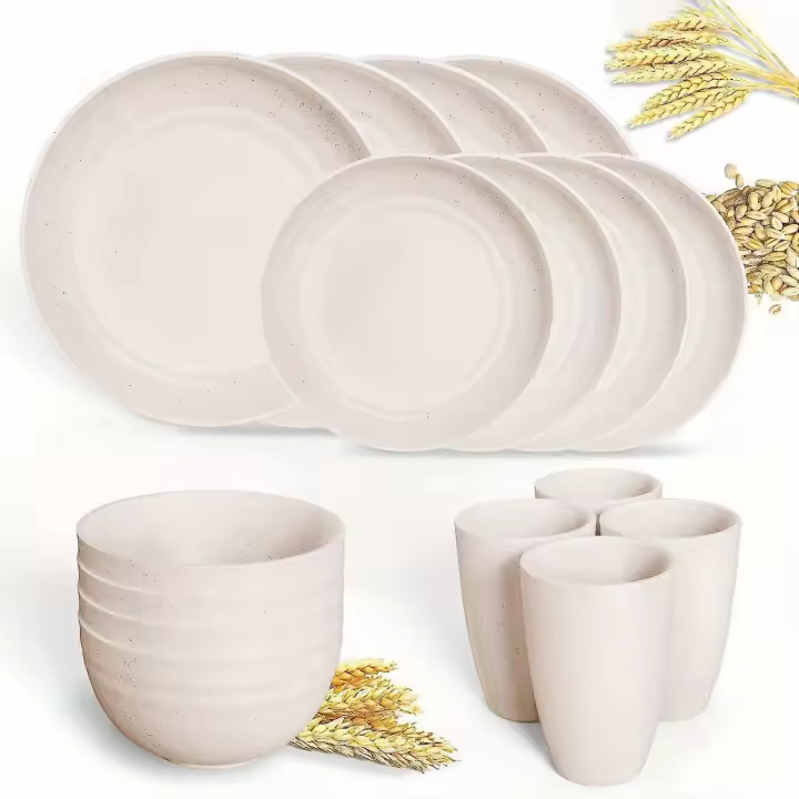 16pcs Unbreakable Wheat Straw Dinnerware Sets, Lightweight Plates Cups And Bowls Sets, Dishwasher Microwave Safe, For RV Outdoor Camping - 1