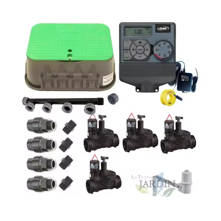 SUINGA Pack profesional de Riego Automático Orbit de 4 zonas 24v para tuberia 32mm, automatización de riego - 1