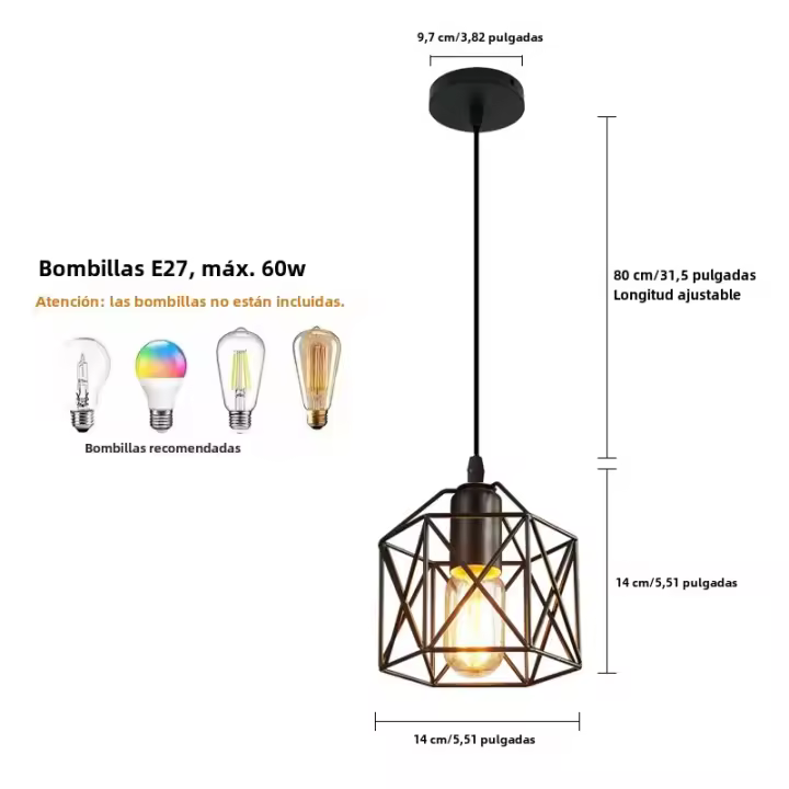 Lámpara Colgante De Estilo Industrial Retro Negra E27 Sin Bombilla Para Restaurante Cocina Pasillo Iluminación De 1-3 Metros Cuadrados Material Metálico - 1