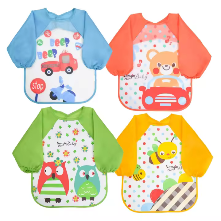 Mov-Baberos con Mangas, 4 piezas EVA Baberos de Alimentación unisex Babero impermeable de manga Larga Delantal Baberos Lindos y hechores de dibujos animados Bebé Niño més de 6 a 3 años - 1
