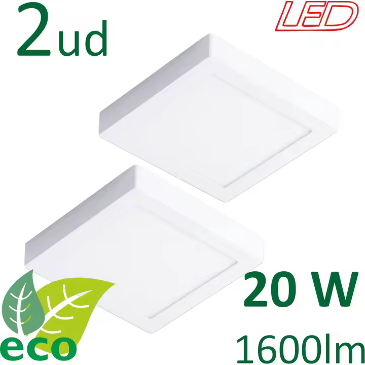 VZLED - Pack 2-5-10 downlight LED 20W superficie cuadrado, Plafón techo led cuadrado, Plafón cocina LED, Lámpara techo, tono luz blanca 4000K y luz blanca fría 6500K - 1