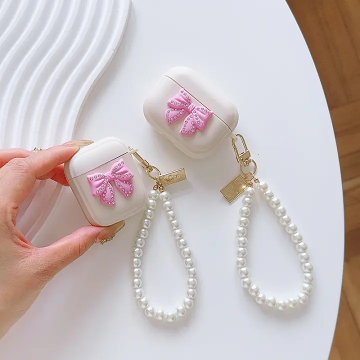 Estuche De Protección Para AirPods Pro2 3 Generación Lujo Con Perla Y Rosado Rosa Con Lazo Estuche Para Auriculares Con Cierre Y Llavero - 1
