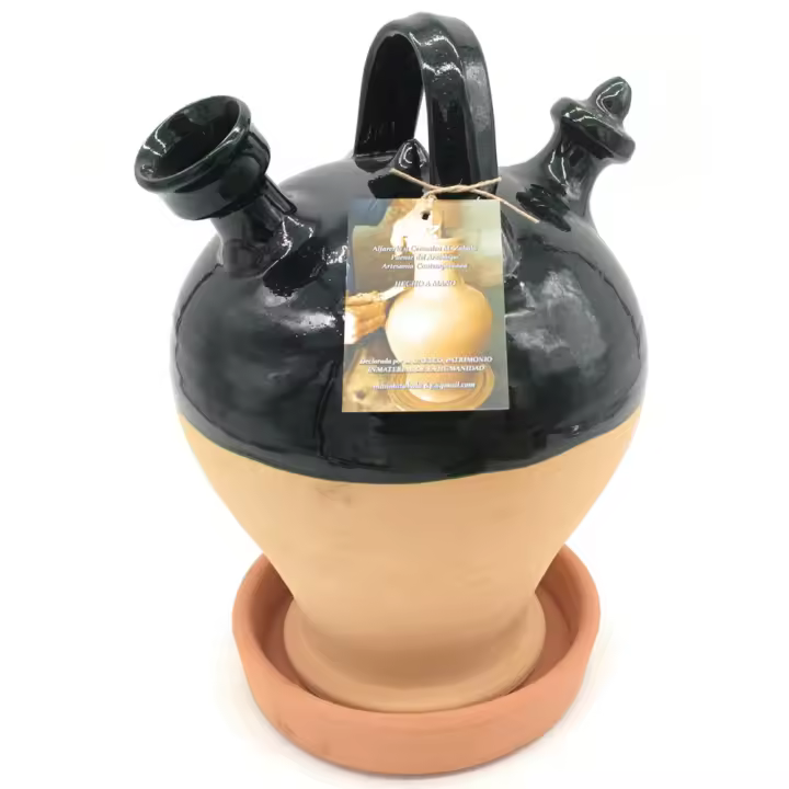 Botijo artesanal de barro natural verde antiguo con plato 30x20cm 3l - 1