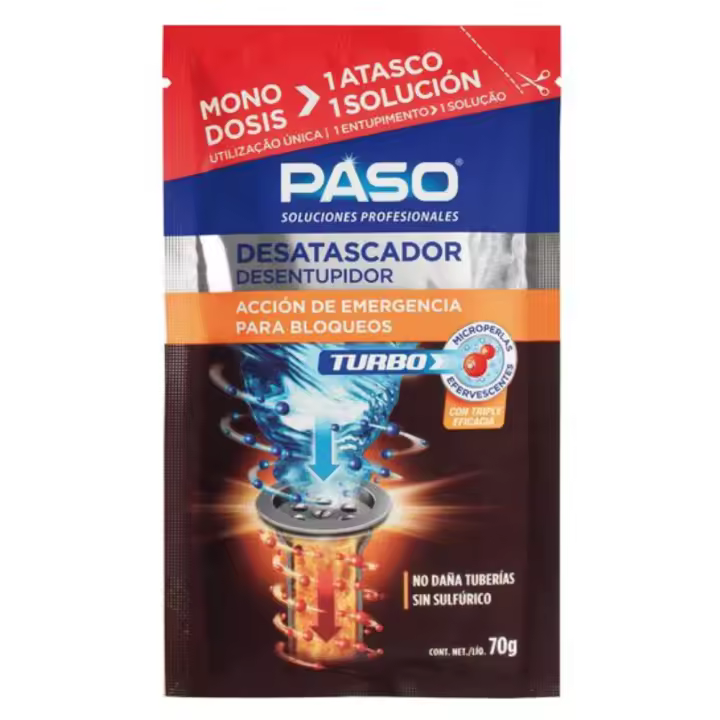 Desatascador de Tuberías Turbo Paso Soluciones Profesionales - Fórmula Especial Triple Acción - 1