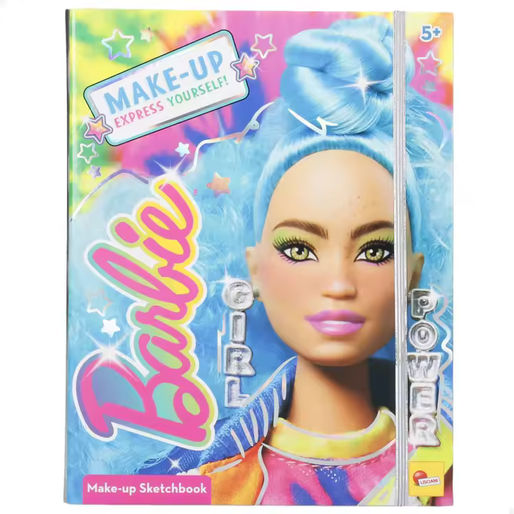 Lisciani Barbie - Set de maquillaje infantil, incluye sombras de ojos, coloretes, brillo de labios, pinceles, lápiz de ojos, gemas adhesivas, libro con actividades recortables, carpeta con espejo, juegos niños 5 años, juguetes creativos - 1