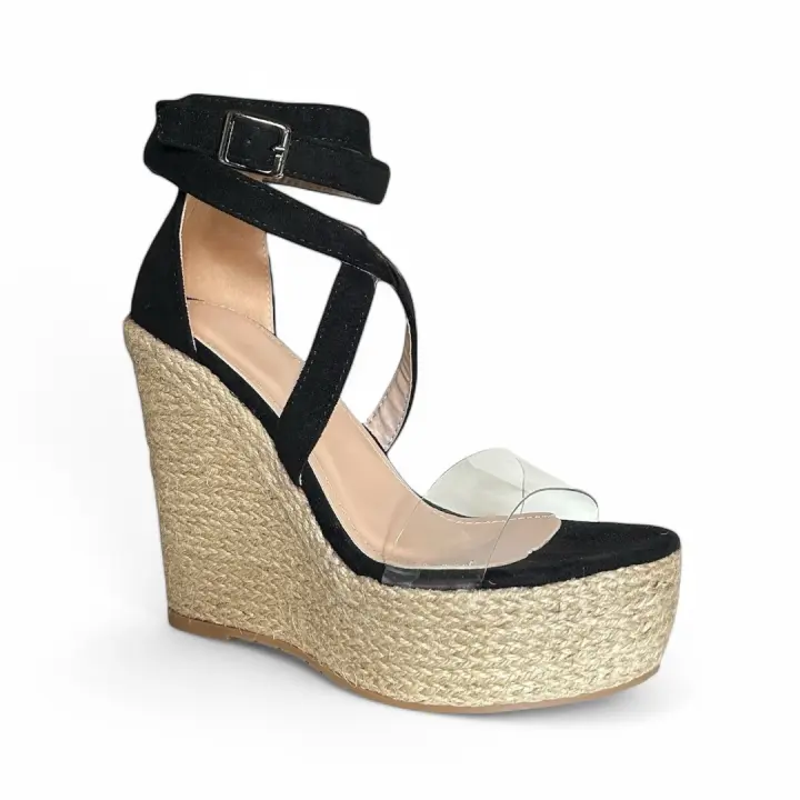sandalias cuñas mujer negro pulsera tobillera ajuste de hebilla punta abierta planta acolchada cómodas y ligeras verano 2025 tendencia dana - 1