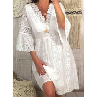 Vestido Blanco De Cintura Alta Para Mujer Primavera Verano Elegante Con Manga Flare Vestido Casual Con Vuelta Y Lace Longitud Mini - details 1