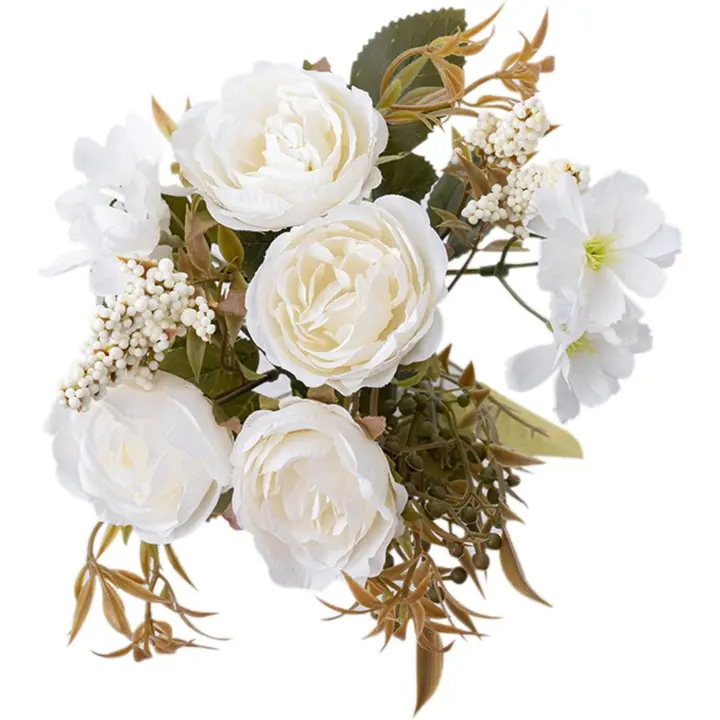 Flores de seda de peonía artificial vintage de color amarillo polvoriento, flores falsas para centros de mesa de ramos de boda hechos a mano de 1 pieza (blanco) - 1