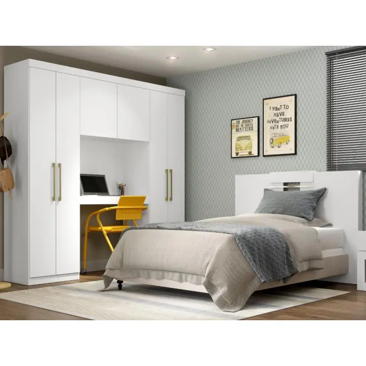 Vente-unique - Armario cabecero ANTERO - 6 puertas - Con armario y compartimentos - Ancho 200 cm - Blanco - 1