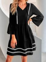 Vestido De Encaje Casual Sencillo De Color Sólido Con Cuello En V Y Mangas Bell Sleeves Plisadas De Polyester Para Mujer - details 0