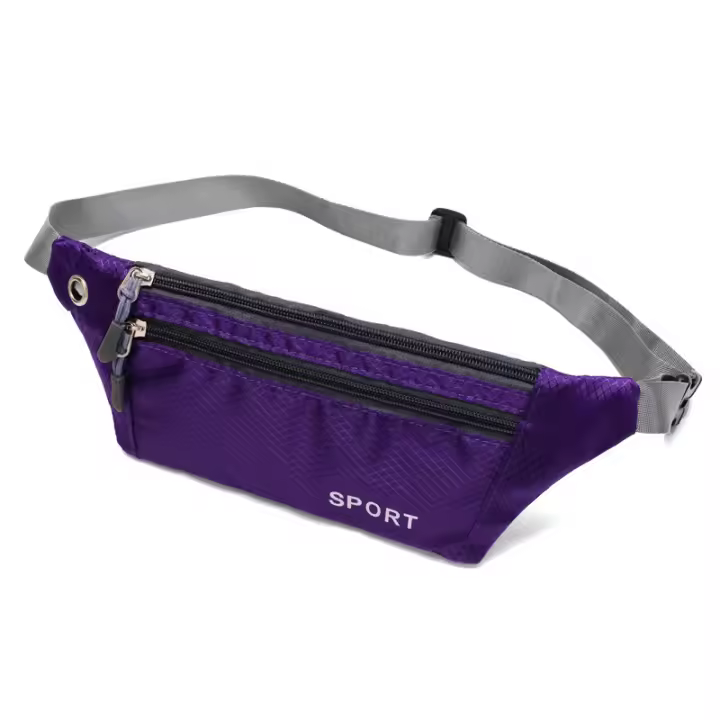 Paquete de cintura con cremallera 3, cintura ajustable/correas, hebilla de seguridad, conector para auriculares, impermeable, bolsillos de dinero/documento-púrpura - 1