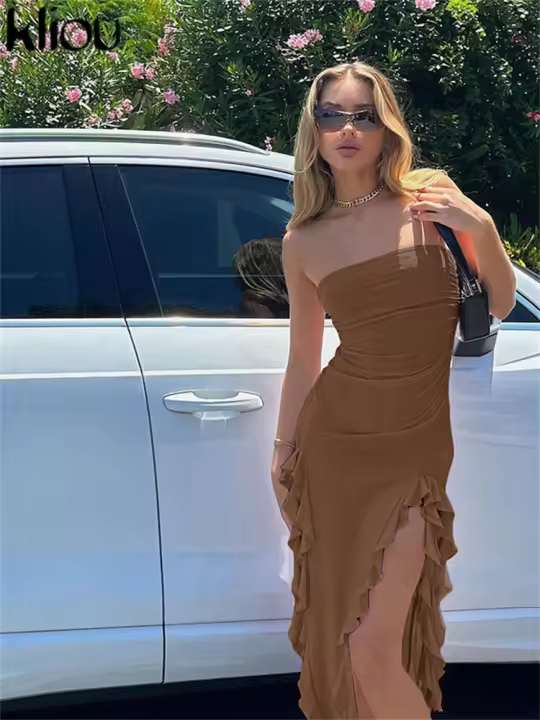 Vestido De Verano Para Mujer Kliou Alto Rodilla Estilo Callejero Fibra Láctea Sin Mangas Cuello Sin Hombros Cintura Natural Silueta Ajustada - 1