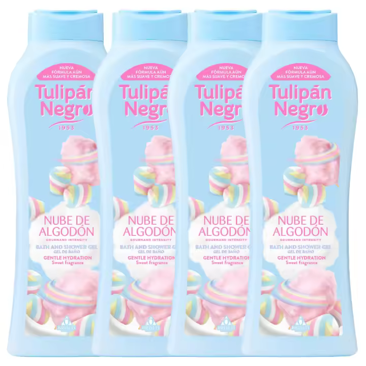 Pack de 4 geles de ducha tulipán negro - gel de baño nube de algodón tulipán negro 650 ml - aroma dulce y suave, hidratación y frescor para el cuidado diario, fragancia relajante que envuelve tus sentidos. - 1