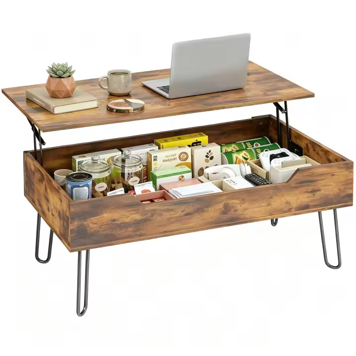 HOMCOM Mesa de Centro Elevable, Mesa de Café para Salón con Compartimento Oculto, Patas de Acero para Sala de Estar, Comedor, 95x50x40 cm, Marrón Rústico - 1