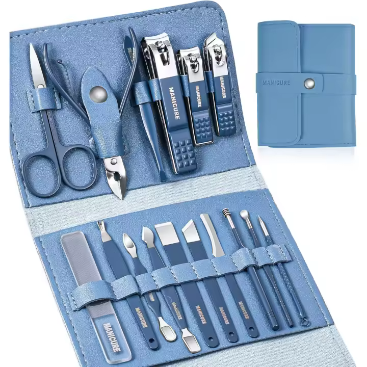 Set de manicura y cuido de uñas, 16 cortaúñas y pedicura, herramientas profesionales de Maple inoxidable con cuero (Azul) - 1