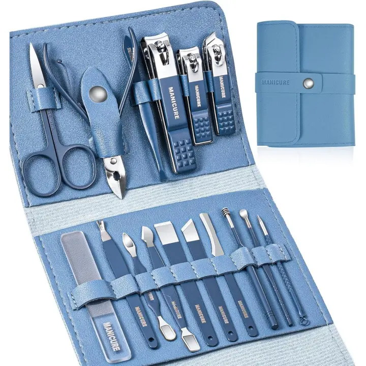 Set de manicura y cuido de uñas, 16 cortaúñas y pedicura, herramientas profesionales de Maple inoxidable con cuero (Azul) - 1