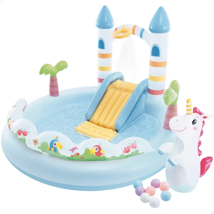 INTEX - Centro de juegos infantil hinchable con tobogán, 196x178x127 cm, castillo unicornio con rociador de agua, bolas de colores y anilla de juego, piscina - 1