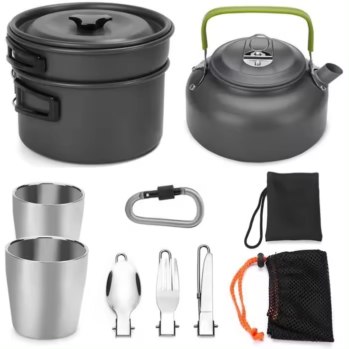 Mini juego de utensilios de cocina para acampar, kit de utensilios de cocina de aleación de aluminio, liviano, duradero, para senderismo, pesca, supervivencia, actividades al aire libre - 1