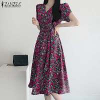 ZANZEA Vestido Midi Elegante Para Mujer Con Cintura Ajustada Estampado Floral Moda Coreana Manga Corta A-line Casual Fiesta - details 6