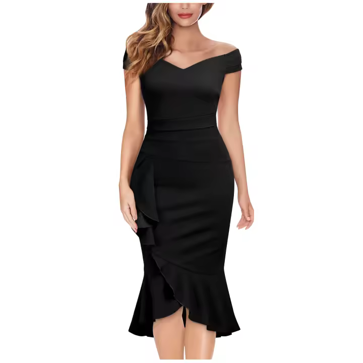 Vestido Elegante De Fiesta Para Mujer Hombros Descubiertos V-Neck Volantes Cintura Ajustada Y Abertura En Pierna Vestido Clásico De Aleta De Pescado - 1