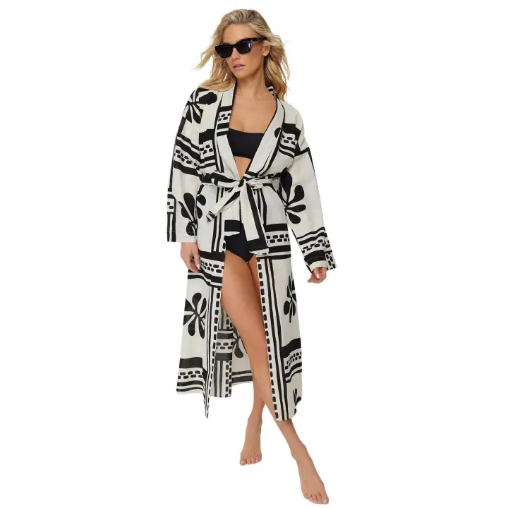 Trendyol Floral Patterned Belted Maxi Woven 100% Cotton Beach Kimono&Caftan Tbess24Km00013 - 1