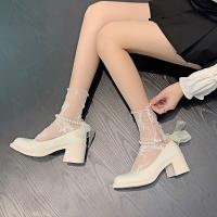 Calcetines De Encaje Para Mujer Ultrafinos De Malla Modelo Mary Jane Negro Y Blanco De Media Altura Antideslizantes - details 2