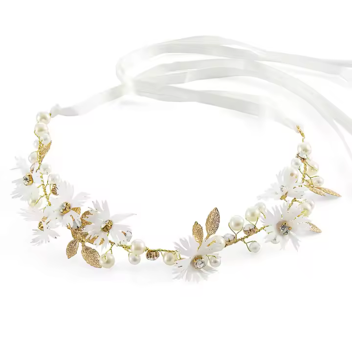 Diadema de flores para novia, corona de flores con hojas artificiales, flores y perlas de imitación, accesorios para el cabello de boda para mujeres y niñas - 1