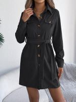 Vestido De Mujer Casual De Otoño E Invierno En Color Sólido De Corduroy Con Botones Y Cordones Largo De Cintura Vestimenta - details 1